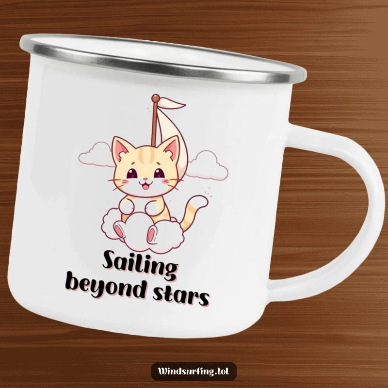 Funny camping mug showing a smiling cat sailing with its sail catching a puffy cloud, ideal for whimsical outdoor moments.