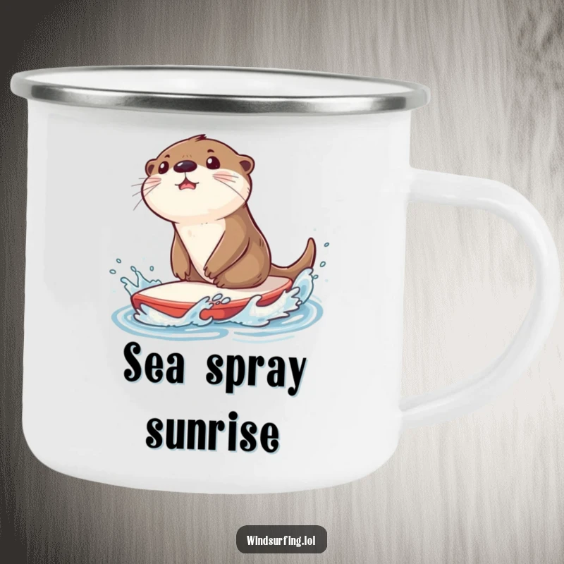 Funny camping mug featuring a surprised otter splashing water while riding a sailboard, perfect for enjoying drinks on aquatic adventures.