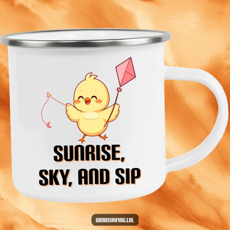Funny camping mug depicting a delighted chick using a kite as a sail, ready for any outdoor journey.