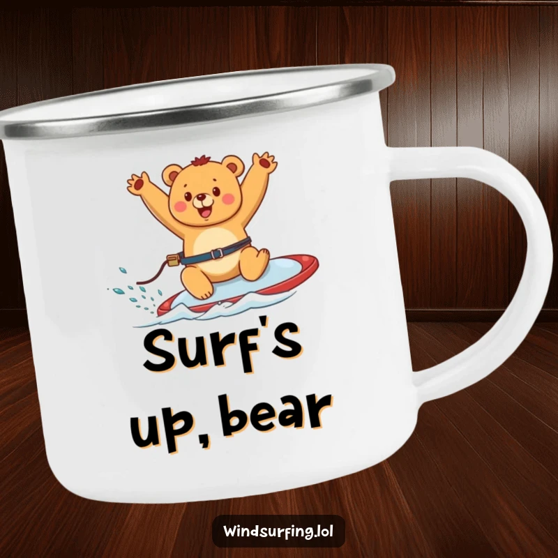 Funny camping mug showing a happy bear windsurfing with arms waving, ideal for enjoying beverages during outdoor adventures.