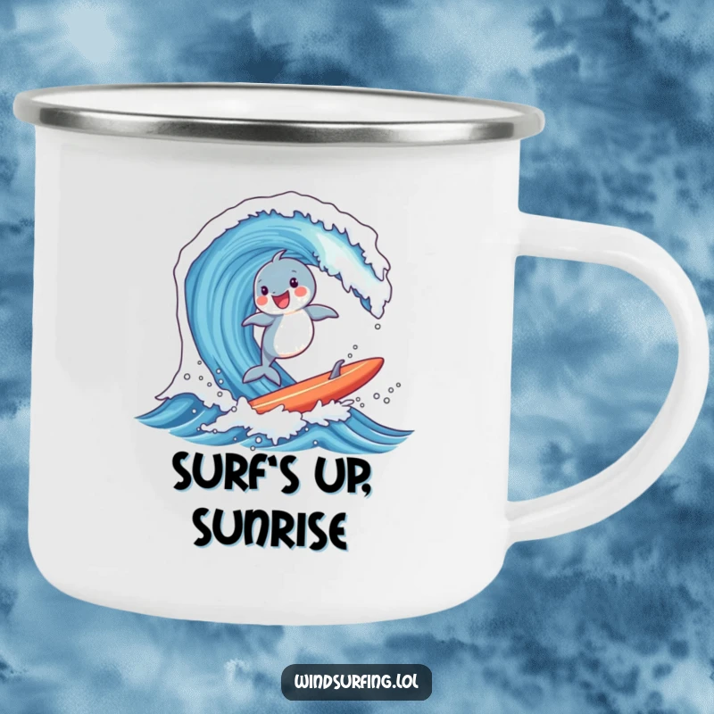 Funny camping mug featuring a joyful dolphin surfing a massive wave on a board, perfect for enjoying drinks in the great outdoors.