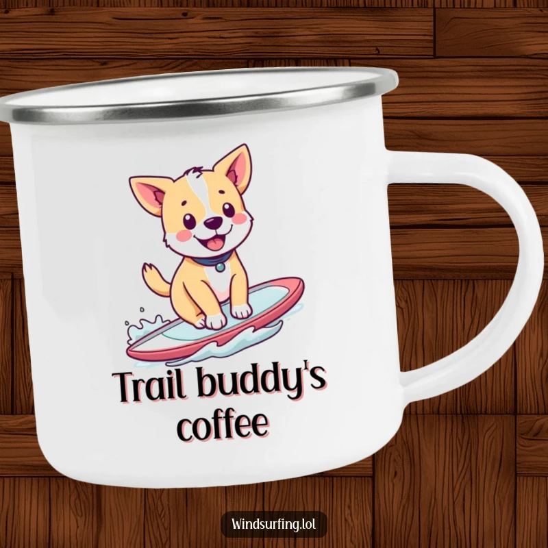 Funny camping mug featuring a happy dog windsurfing, built for outdoor adventures and canine humor.