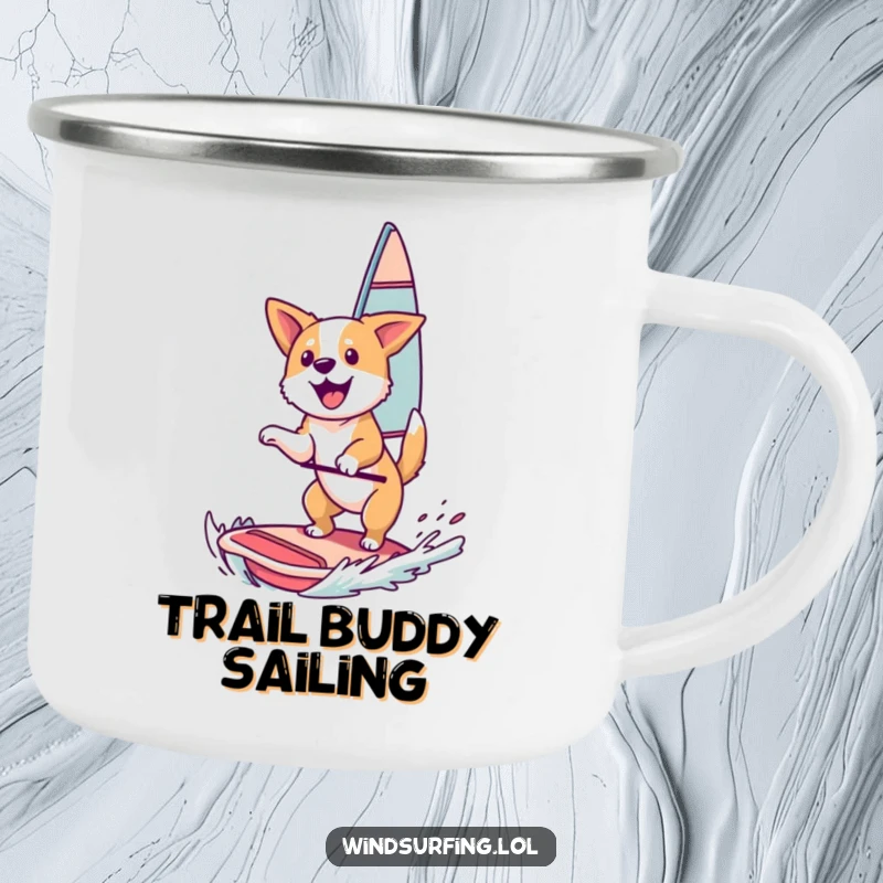 Funny Camping Mug: A happy dog catching air while windsurfing, perfect for outdoor enthusiasts.