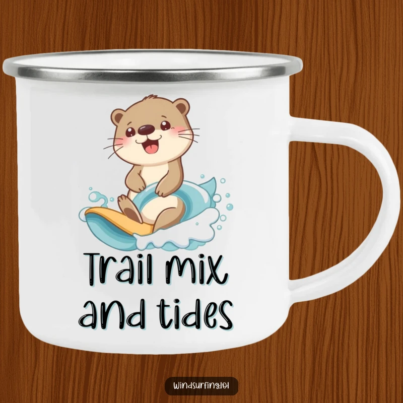 Funny otter surfing camping mug with a cheerful otter determinedly riding an ocean wave.