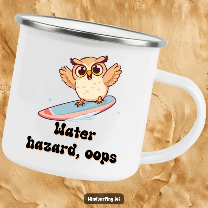 Funny owl camping mug showing a surprised owl falling off a windsurf board, perfect for outdoor adventures and humor.