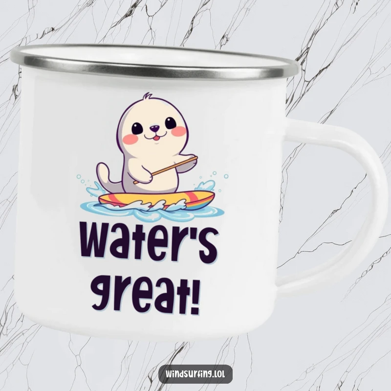Funny Seal Windsurfing Camping Mug: A smiling seal splashes water while windsurfing, ready for campfire fun.