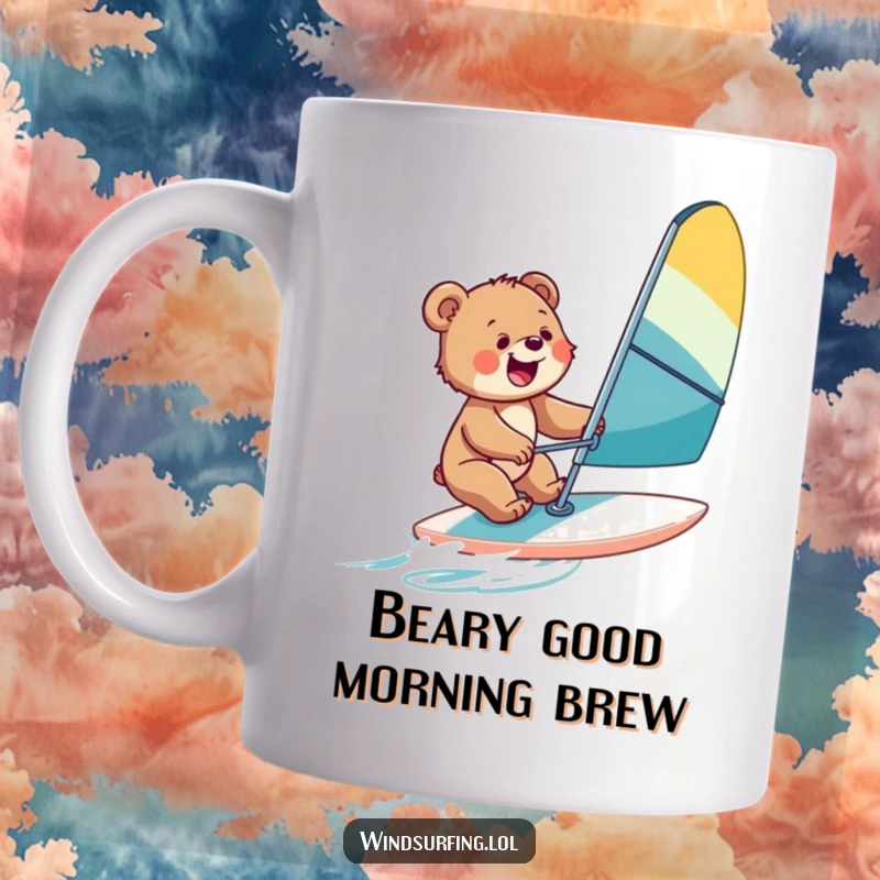 Funny mug with a joyful bear cub happily windsurfing on a board, embodying fun and freedom on the water.