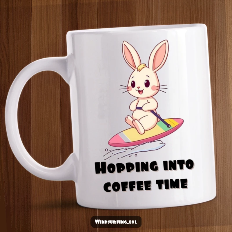 Funny bouncing bunny with wind in its ears happily riding a colorful sailboard, depicted on a mug for pure joy.