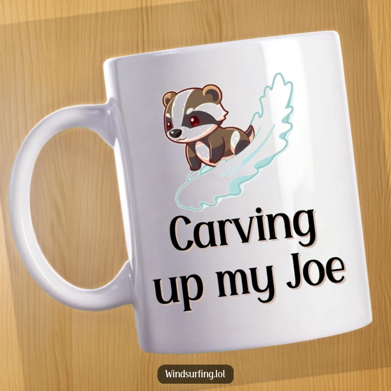 Funny badger mug showing a brave badger smoothly surfing a wave, exuding confidence and a chill vibe, great gift.