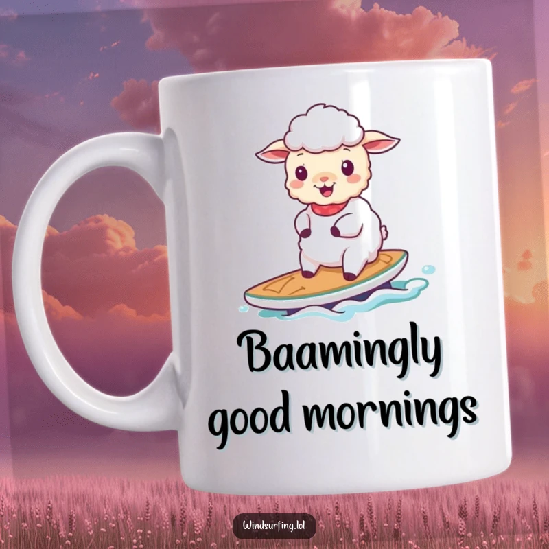 Funny cheerful sheep gracefully sailing on a small board, embodying peace and simple joy on this delightful mug.