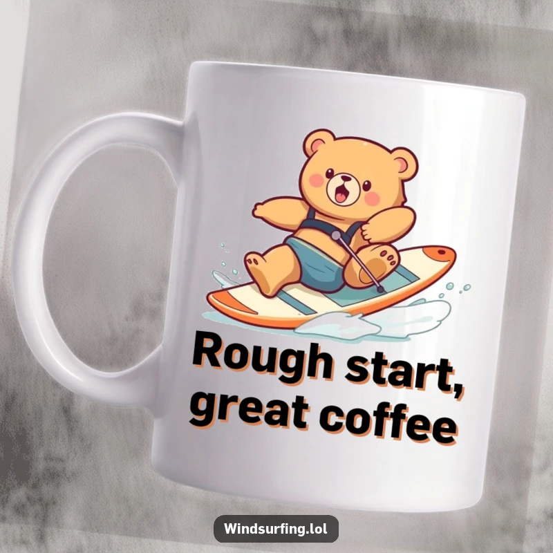 Funny mug showcasing a clumsy bear tumbling backwards off a windsurfing board with a look of surprise.
