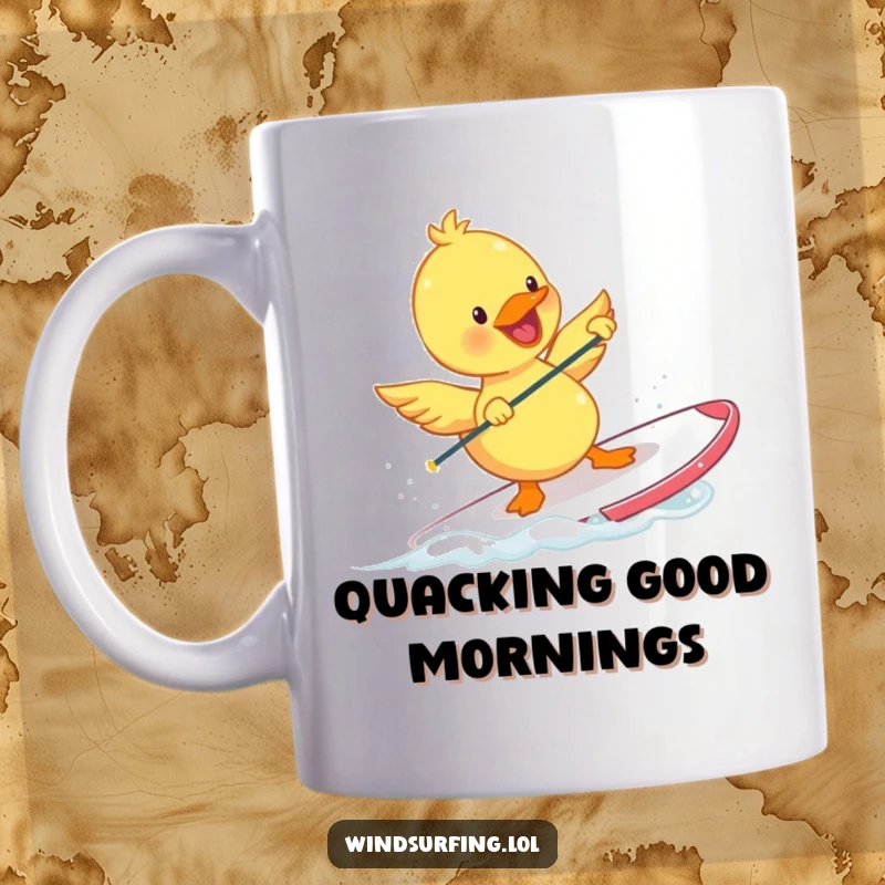 Funny Duckling Mug with a happy duckling windsurfing, flapping tiny wings energetically. A cheerful and humorous gift for water lovers.