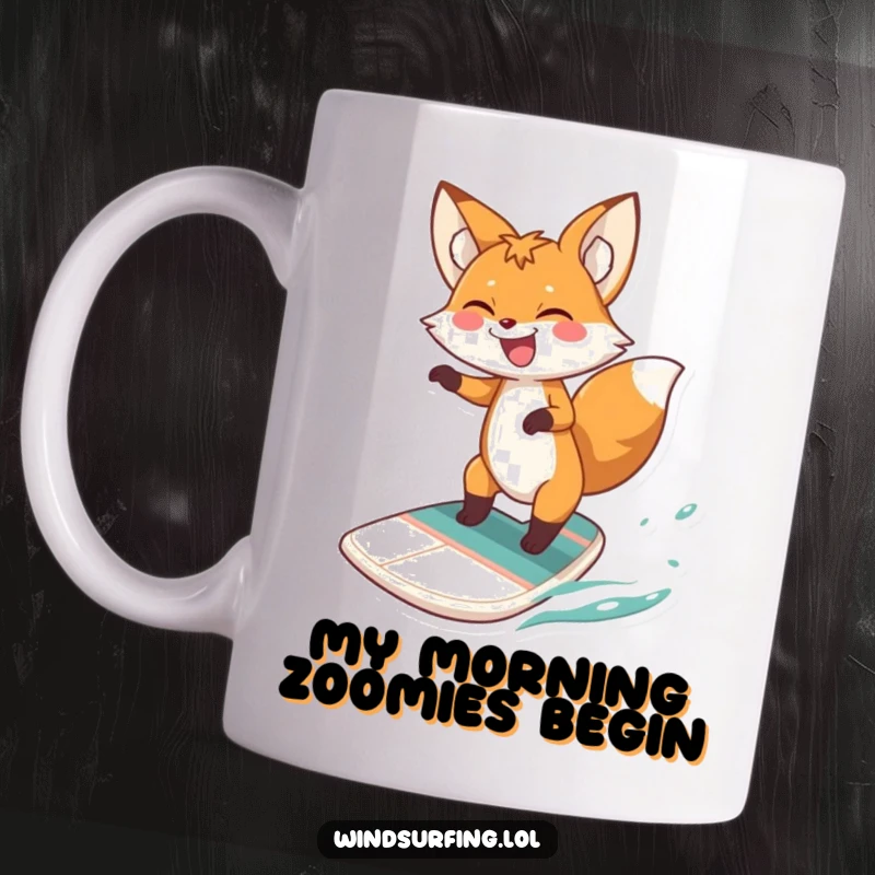 Funny fox windsurfing mug, leaping joyfully on a board, catching air with a big laugh, perfect for water sports fans gift.