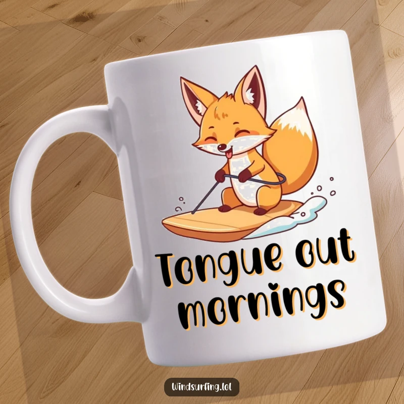 Funny mug showing a curious fox windsurfing with a mischievous expression and its tongue sticking out playfully.