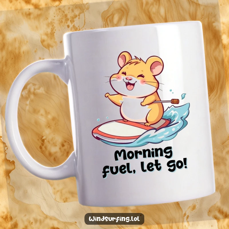 Funny mug with a cheerful hamster grinning widely while expertly steering a windsurf board on the water.
