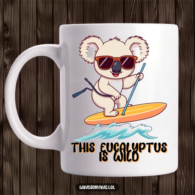 Funny koala wearing sunglasses, determinedly windsurfing on a board, ready for adventure and laughter.