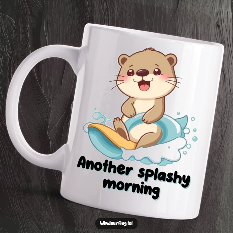 Funny otter surfing mug featuring a cheerful otter with a determined expression riding a big wave.