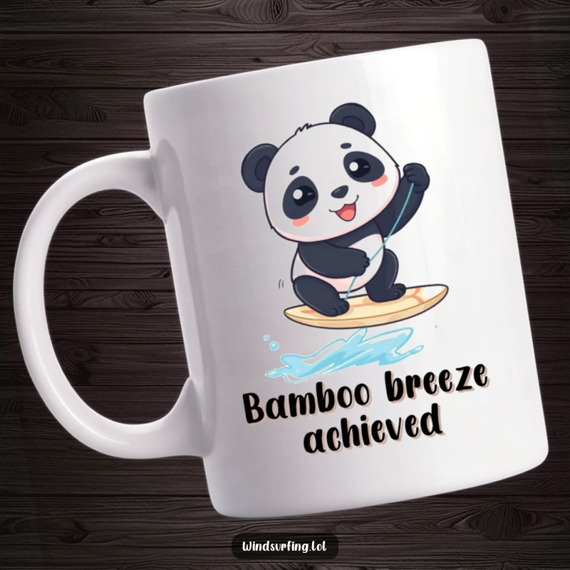Funny Mug: A cheerful panda balances comically on a windsurfing board, a hilarious depiction of adventure.
