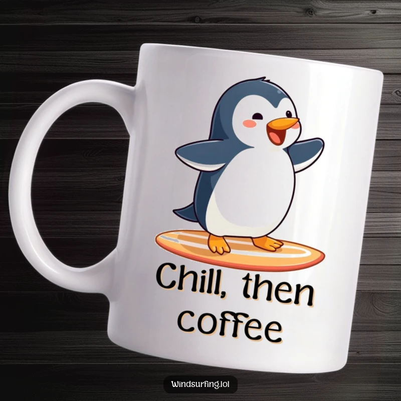 Funny Penguin Surfing Mug: A joyful penguin glides serenely on a surfboard, arms outstretched in pure bliss.