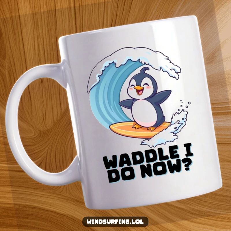 Funny smiling penguin gleefully riding a surfboard, laughing as a large wave approaches, embodying comical seaside adventure and pure joy.