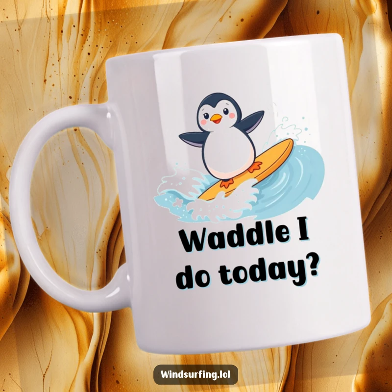 Funny penguin with determined expression, windsurfing on a choppy wave, making it a hilarious gift.