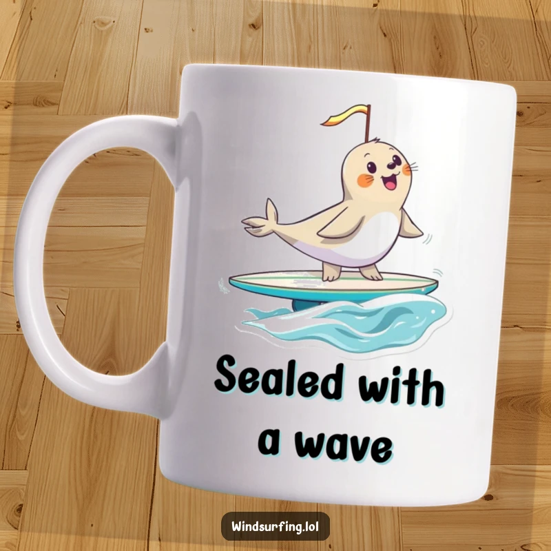 Funny seal balancing expertly on a surfboard, wind filling its sail, embodying pure surfing joy and a humorous, carefree spirit.