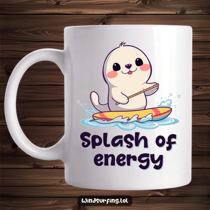 Funny Seal Windsurfing Mug: A smiling seal energetically splashes water while windsurfing with pure delight.