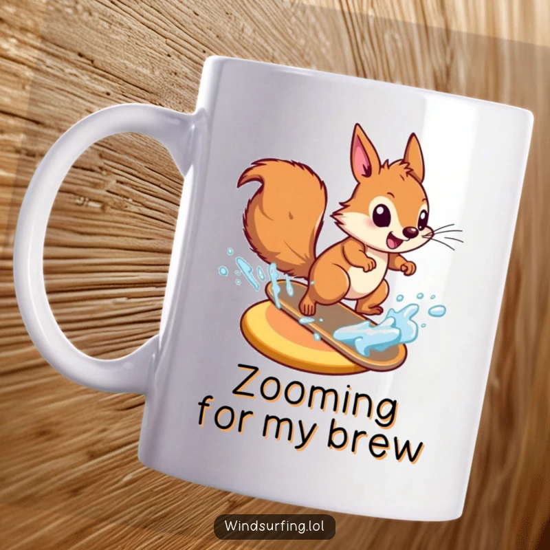 Funny energetic squirrel zooming across the water on a board, showcasing speed and agility on this action-packed mug.