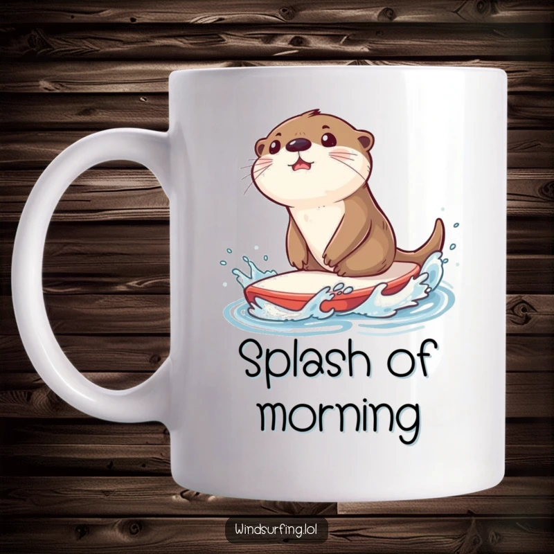 Funny mug featuring a surprised otter splashing water while riding a sailboard, capturing a moment of unexpected watery fun.