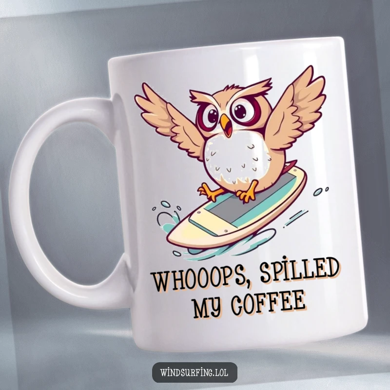 Funny Mug showcasing a surprised owl comically tumbling off a windsurf board, flailing with wide eyes and a comical expression.