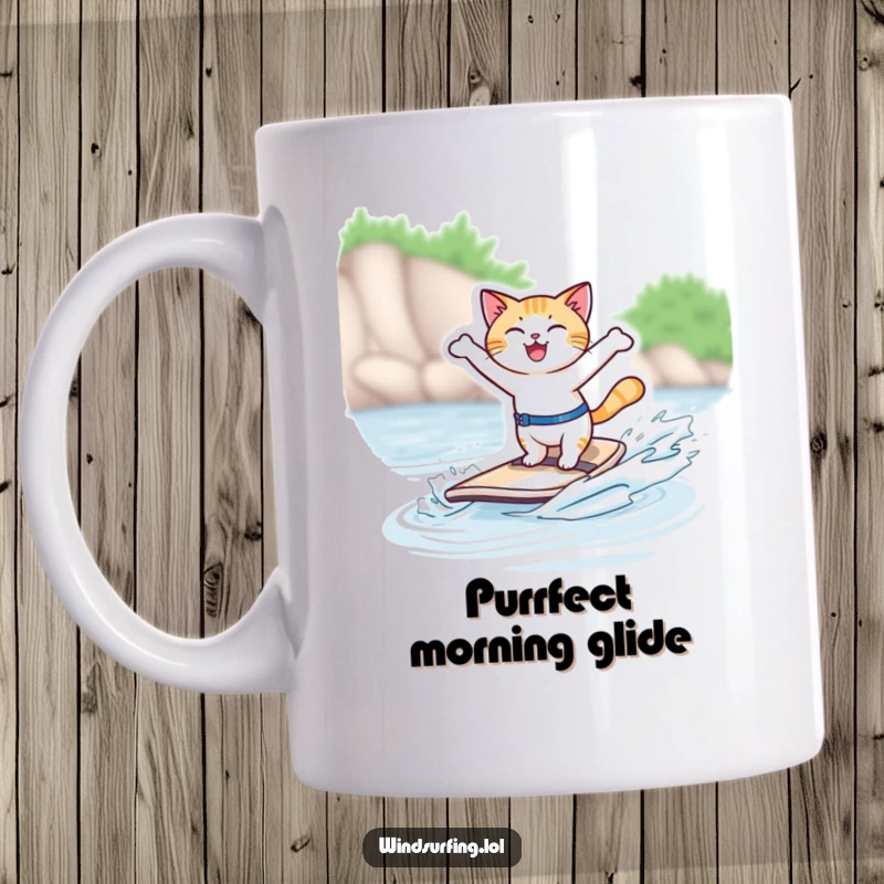 Funny mug of a joyful cat windsurfing with arms outstretched, pure feline bliss and adventure, a delightful gift.
