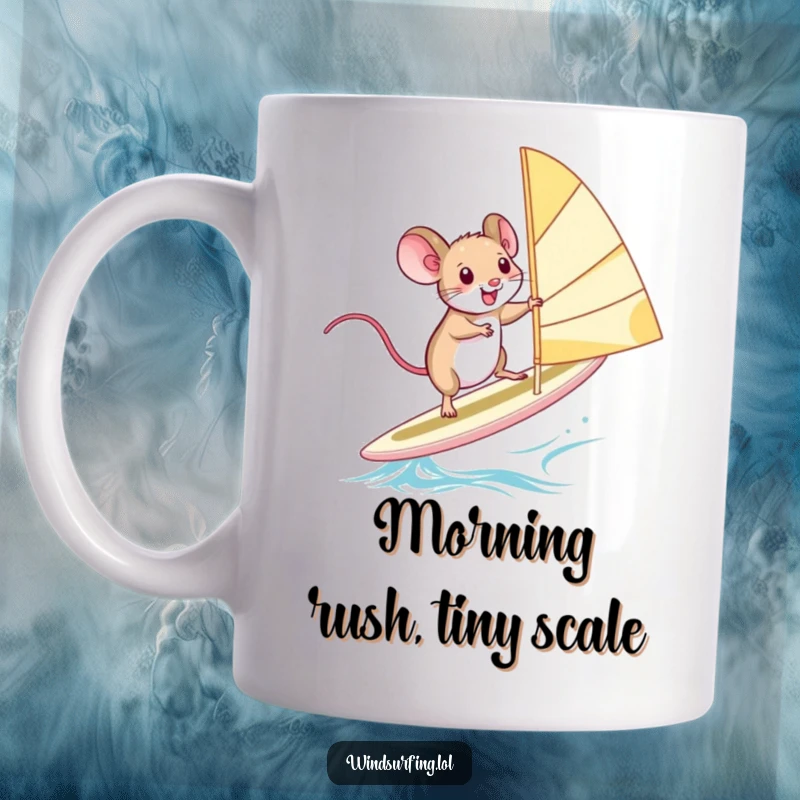 Funny Mug: A tiny mouse squeals with excitement while precariously balancing on a windsurfing board, capturing extreme sports humor.