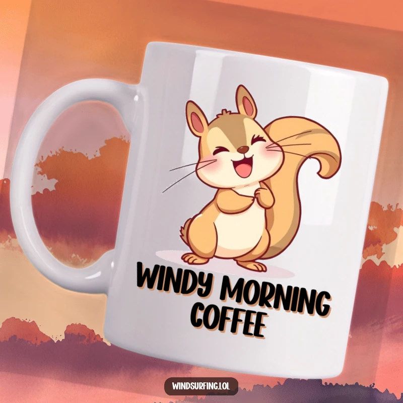 Funny mug showing a happy squirrel dramatically leaning its body into a powerful gust of wind, looking determined.
