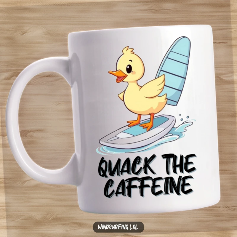 Funny Mug: A wobbly duck tries to balance on a windsurfing board, looking endearingly clumsy.