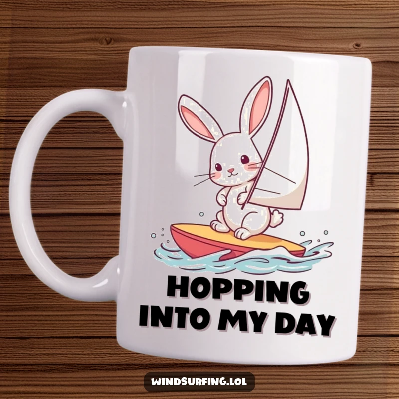 Funny mug of a curious rabbit windsurfing, leaning into the wind, pure hopping adventure, a delightful gift.