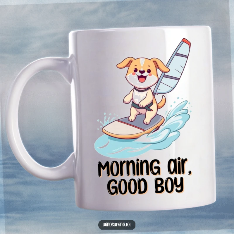 Funny Mug: A happy dog joyfully windsurfing and catching air with a huge smile, embodying pure exhilaration, a great funny gift.
