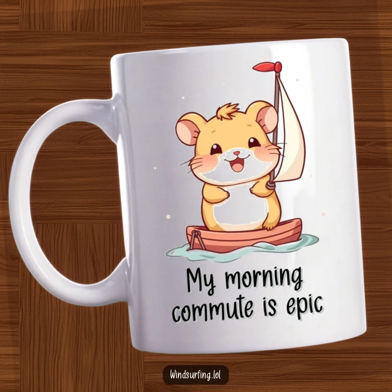 Funny Mug: A smiling hamster uses a miniature sail to propel itself forward, embodying happy determination and adventure.