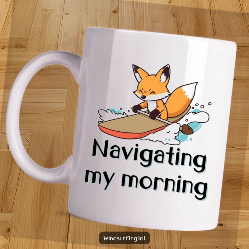 Funny Mug featuring a determined fox expertly steering a board through choppy waves, showcasing focus and clever navigation.