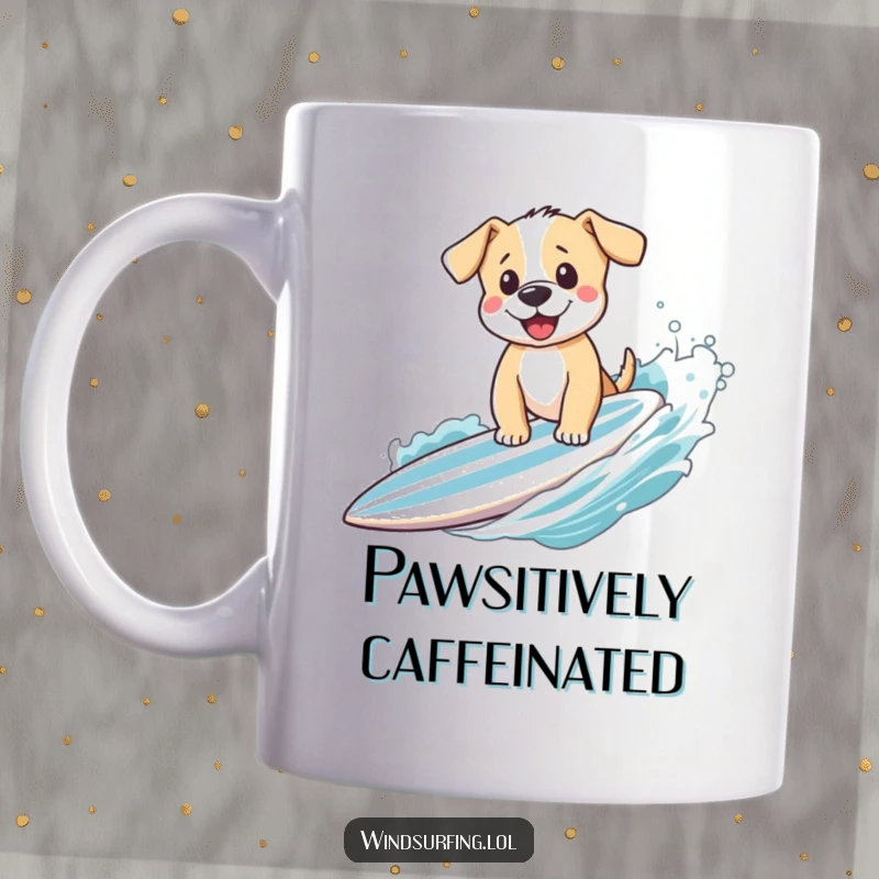 Funny puppy enthusiastically waving from a swiftly moving surfboard, capturing pure excitement and playful humor on a delightful mug.