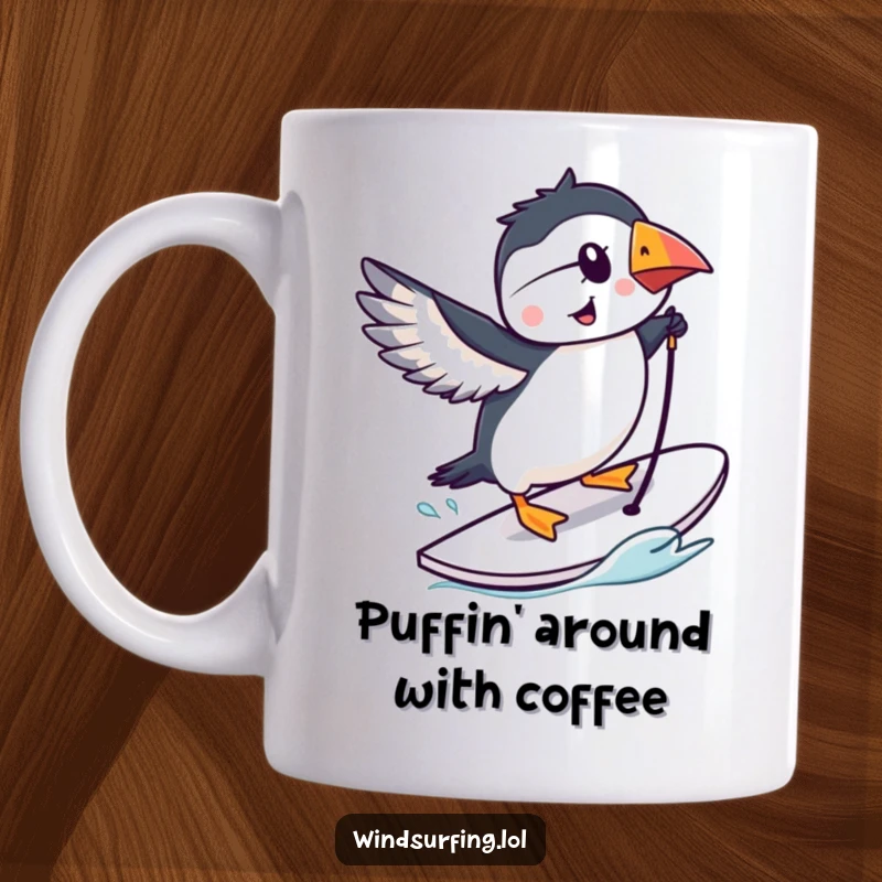 Funny smiling puffin performing a trick on a windsurfing board, cartoon style, ocean background, joyful action.