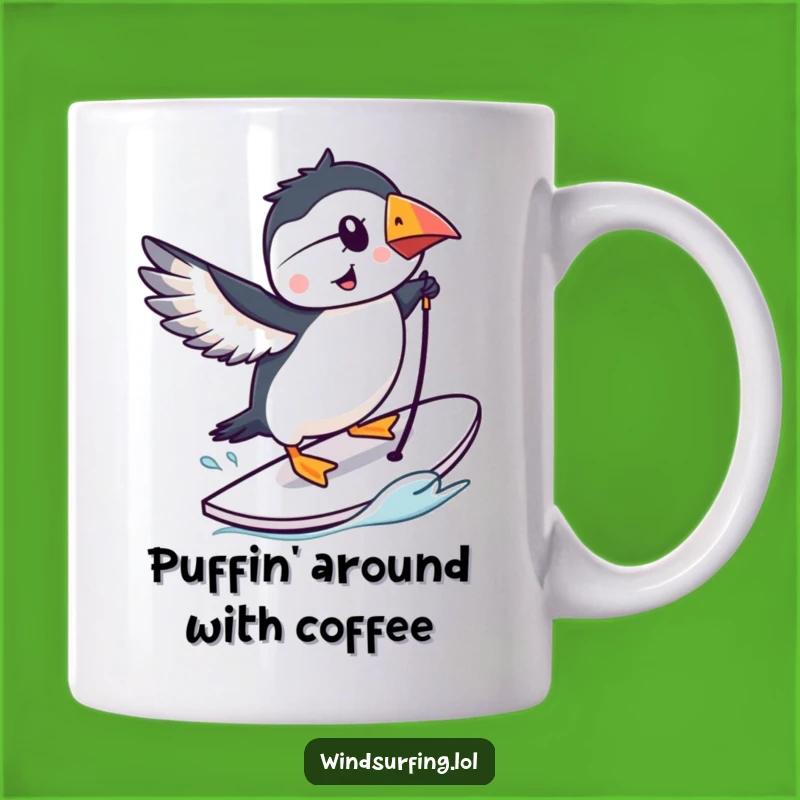 Funny Puffin Windsurfing Mug - Adorable Bird Performs Awesome Trick Gift