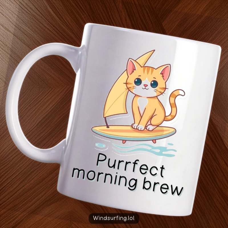 Funny Cat Surfing Mug: A curious cat intently balances on a surfboard with a sail, a picture of feline focus.