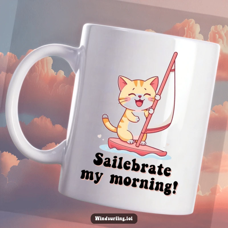 Funny cat wearing sunglasses adjusting a windsurfing sail on a blue ocean, embodying pure joy and adventure.