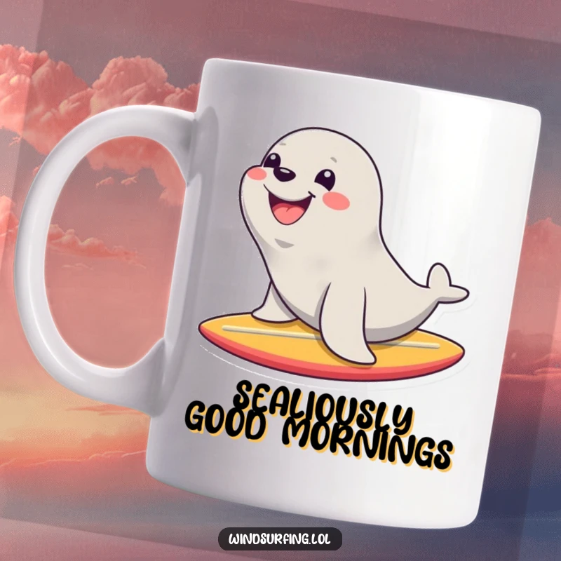 Funny mug showing a happy seal with a huge smile gliding on a surfboard, embodying pure, aquatic, and hilarious joy.
