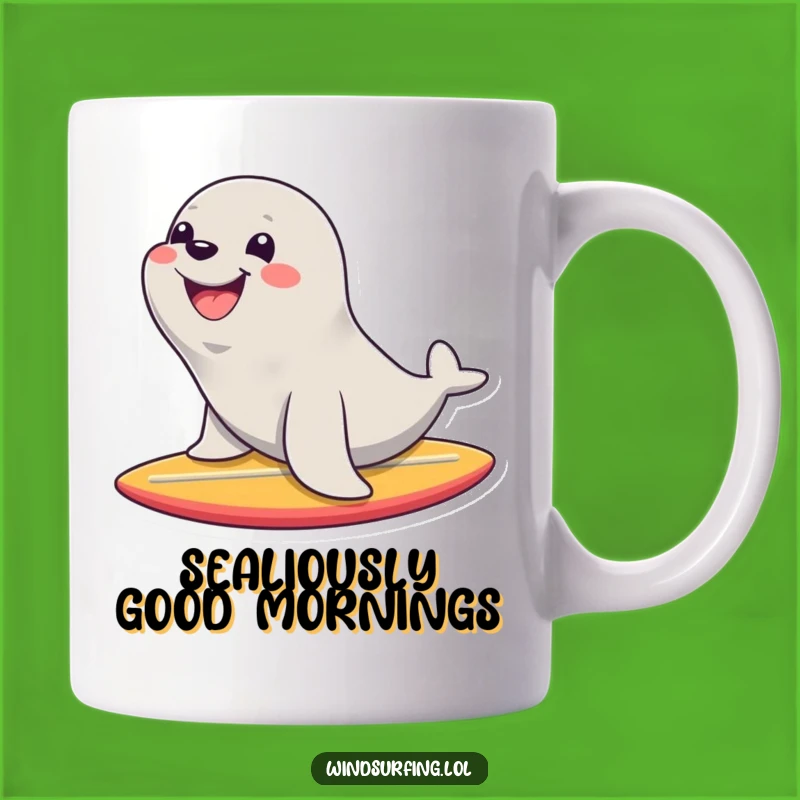 Funny Seal Surf Mug: Happy Surfer Seal Riding Waves, Perfect Gift