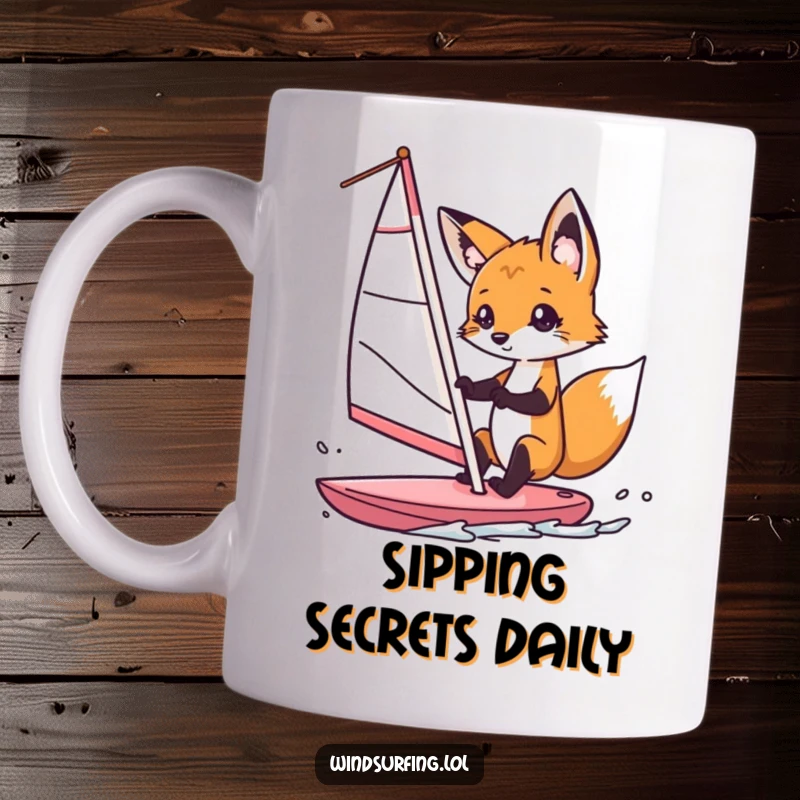 Funny fox windsurfer mug, a curious fox playfully steering a windsurf sail with intent, capturing a moment of adventurous fun.