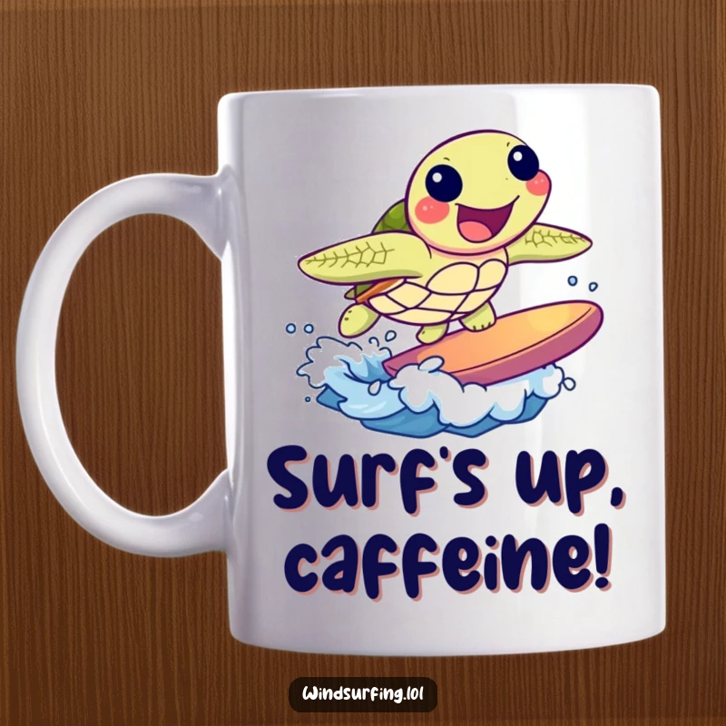 Funny mug showing a joyful sea turtle happily surfing a small ocean wave with delight. Quirky beach humor.