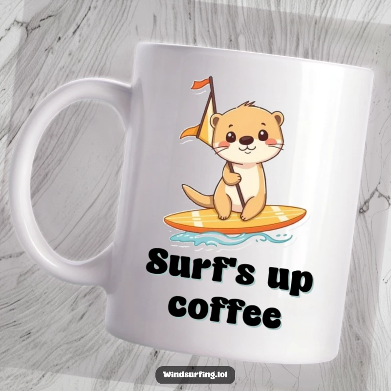 Funny mug showing a cheerful otter happily gliding on a surfboard equipped with a small sail, riding ocean waves.