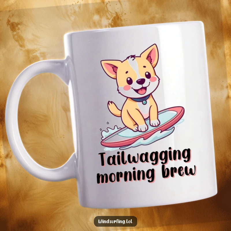 Funny mug of a smiling dog happily windsurfing, tail wagging, pure canine joy and adventure, a delightful gift.