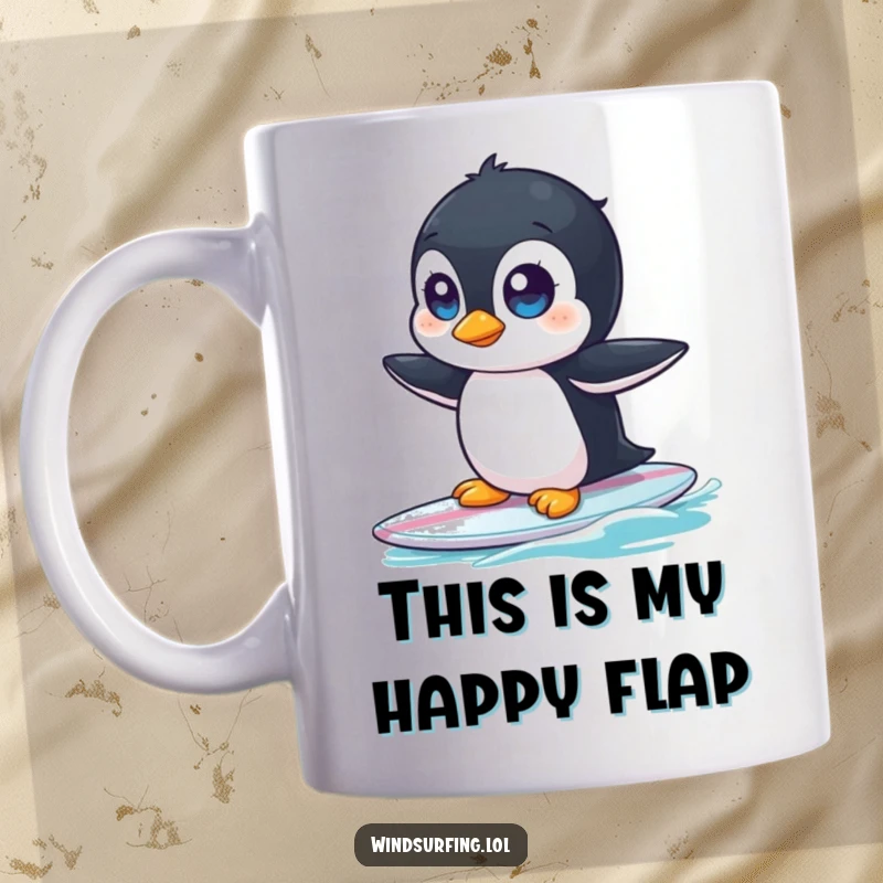 Funny mug with a curious penguin wobbling precariously on a surfboard, eyes wide with surprise and slight panic.